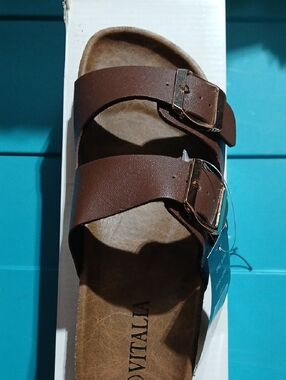 Brown Double Buckle Slide Sandal